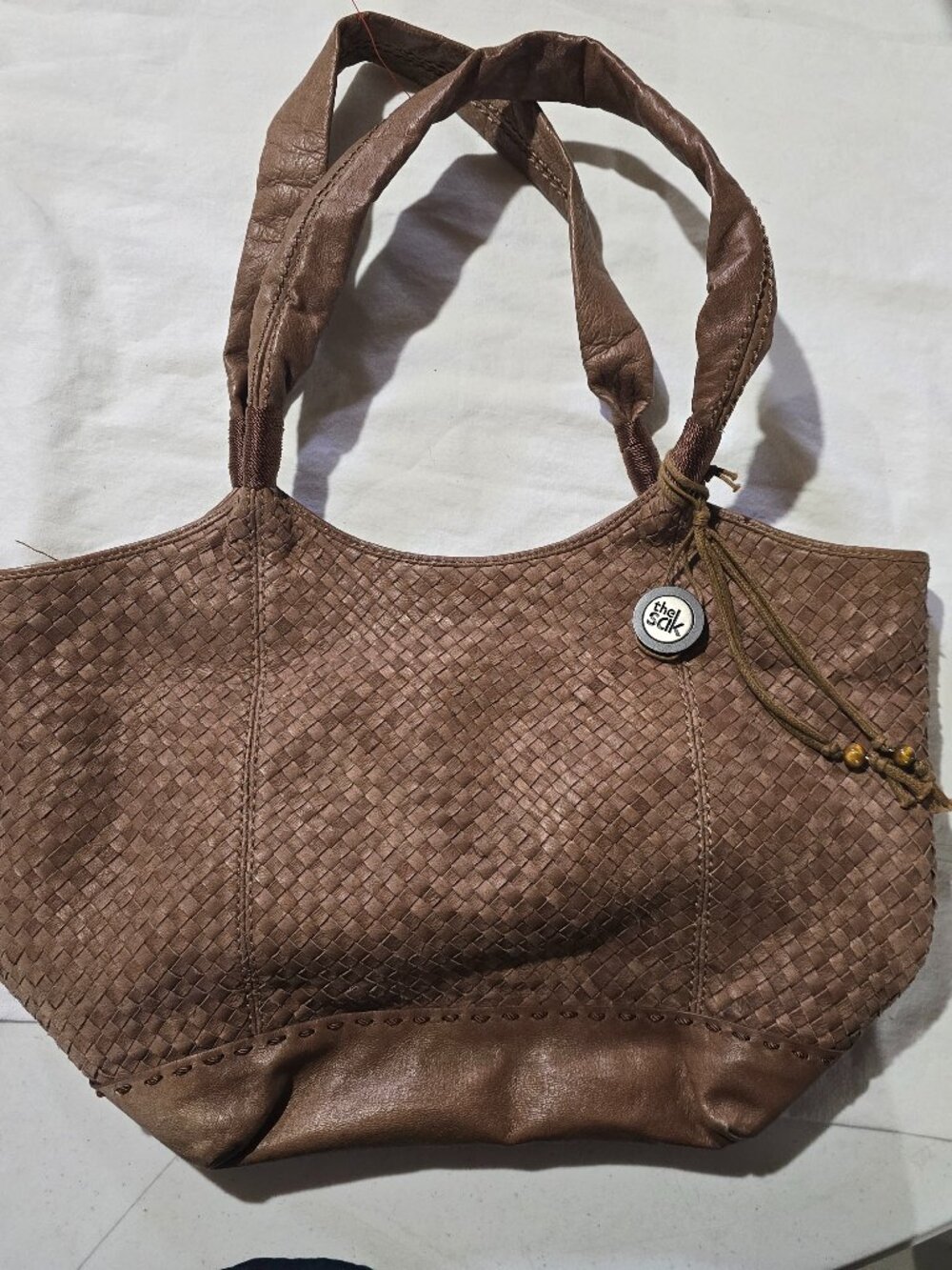 The Sak Brown Woven Leather Tote Shoulder Bag Tiger Eye Bead Charm